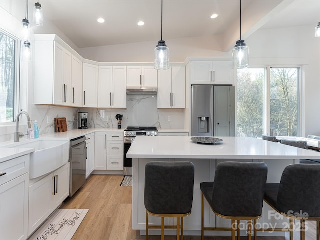 kitchen featuring sink, decorative light fixtures, vaulted ceiling, and appliances with stainless steel finishes