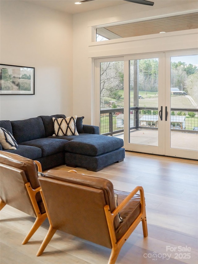 living room featuring french doors and light hardwood / wood-style flooring