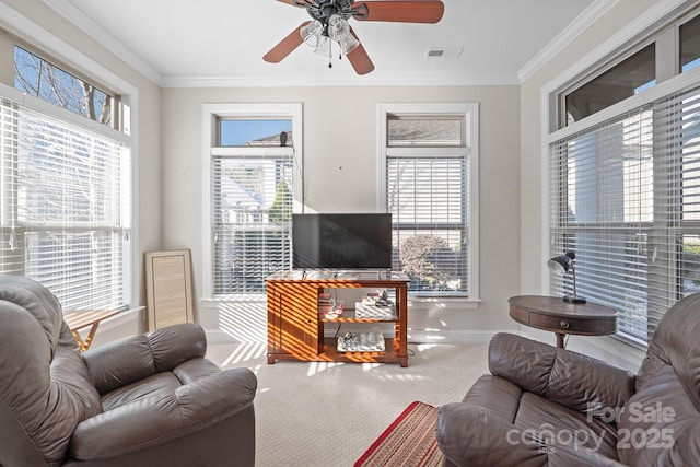 carpeted living room with ceiling fan, a healthy amount of sunlight, and ornamental molding