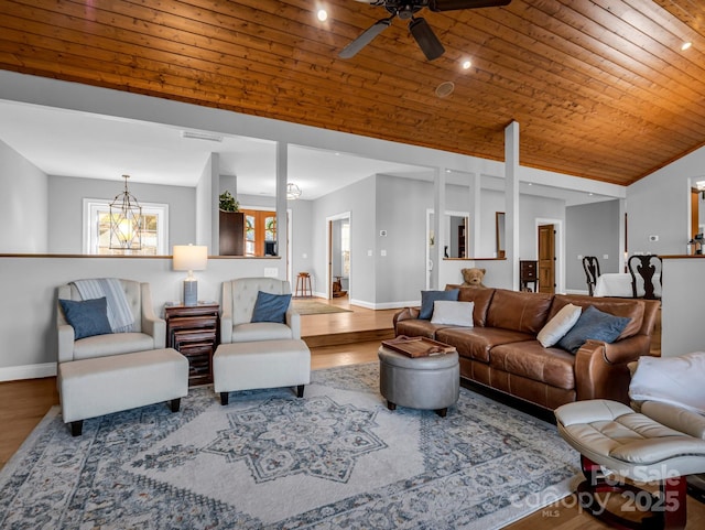 living room with lofted ceiling, wooden ceiling, ceiling fan, and hardwood / wood-style flooring