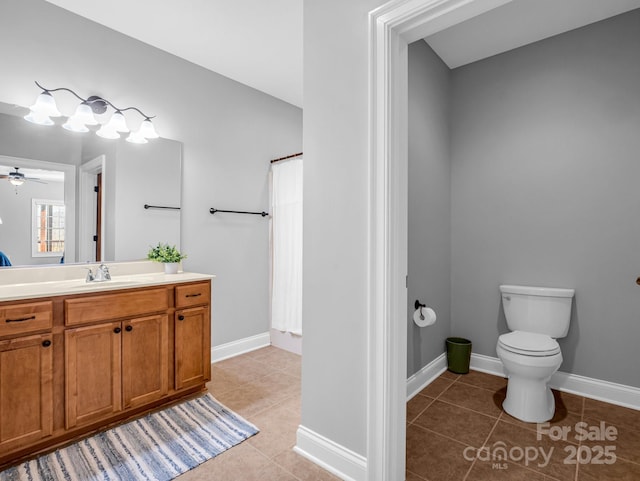 bathroom with toilet, ceiling fan, tile patterned floors, and vanity