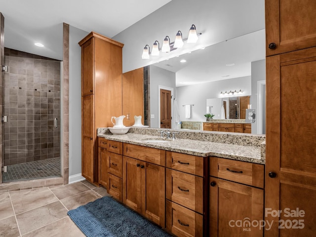 full bathroom featuring tile patterned flooring, a shower stall, and vanity