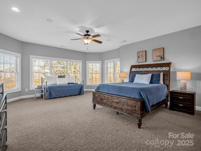 bedroom with carpet floors, recessed lighting, baseboards, and a ceiling fan