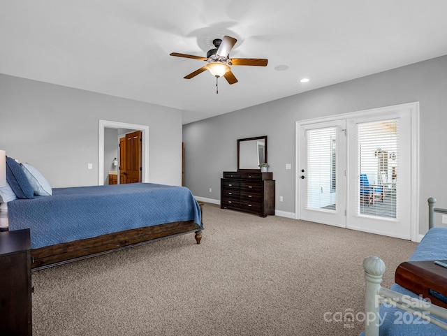 bedroom with recessed lighting, light carpet, a ceiling fan, baseboards, and access to outside