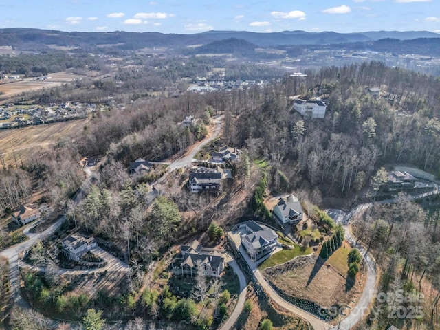 birds eye view of property with a mountain view and a view of trees