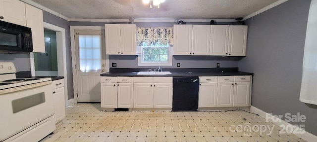 kitchen with white cabinets, a textured ceiling, and black appliances