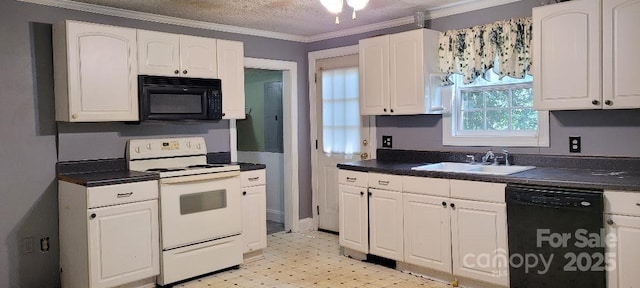 kitchen with black appliances, white cabinets, crown molding, sink, and a textured ceiling