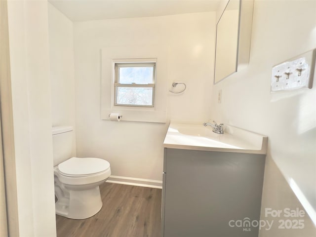 bathroom featuring toilet, vanity, and hardwood / wood-style flooring