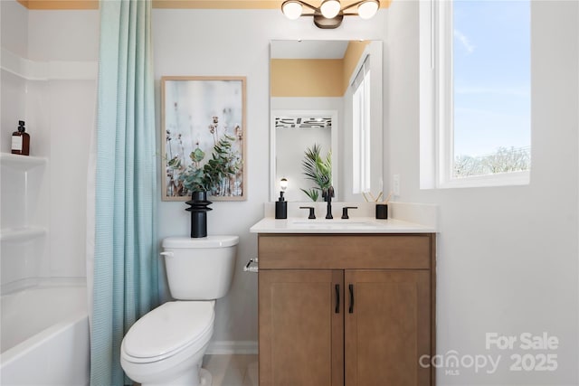 full bathroom featuring toilet, shower / tub combo with curtain, and vanity