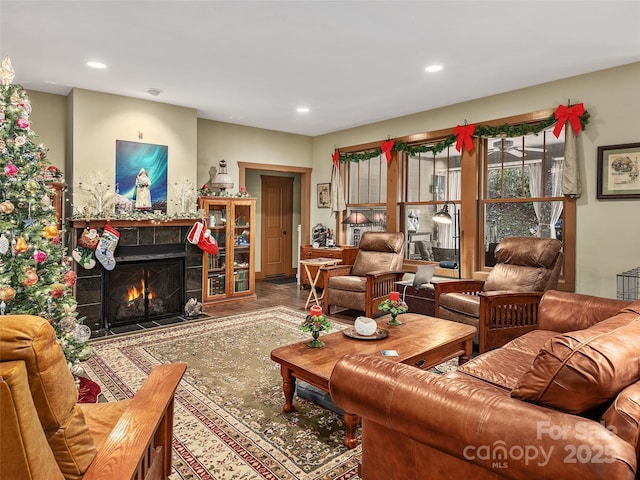 living room featuring a fireplace