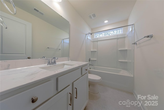 full bathroom featuring tile patterned flooring, vanity, shower / bath combination, and toilet