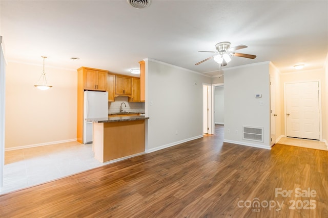 unfurnished living room featuring sink, light hardwood / wood-style flooring, ornamental molding, and ceiling fan