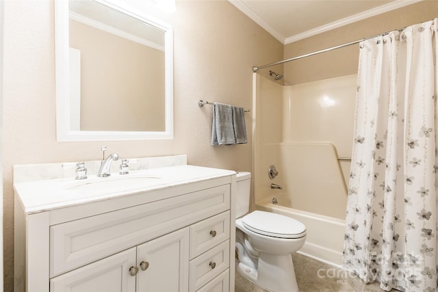 full bathroom featuring crown molding, vanity, toilet, and shower / bath combination with curtain