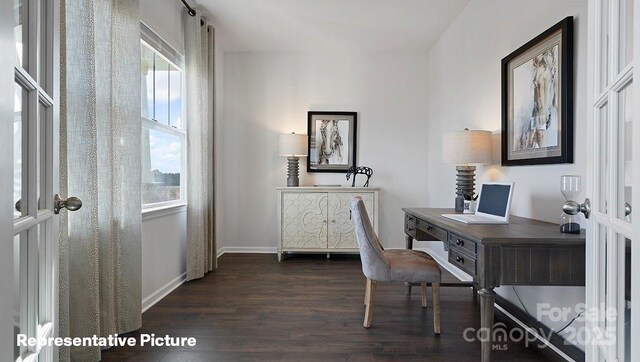 office area with a wealth of natural light, french doors, and dark wood-type flooring