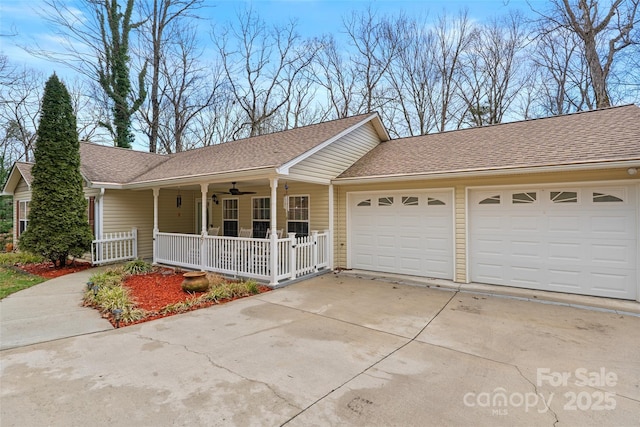 ranch-style home with a garage and covered porch