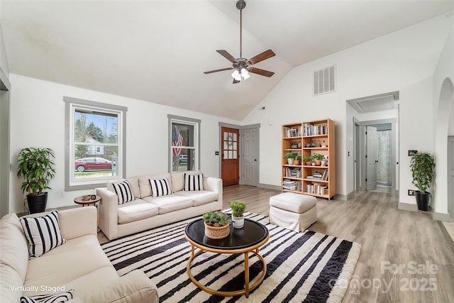 living room featuring ceiling fan, high vaulted ceiling, and light wood-type flooring