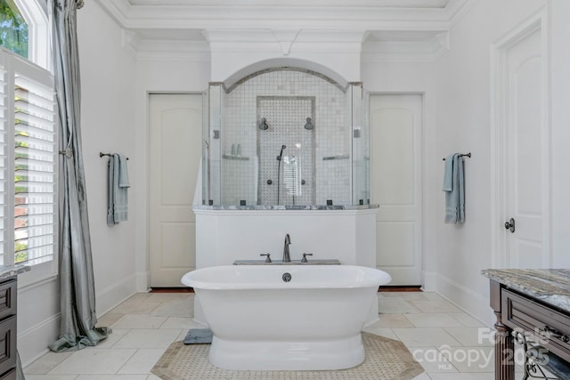 bathroom featuring tile patterned floors, vanity, separate shower and tub, and ornamental molding