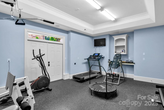 exercise room featuring a raised ceiling and ornamental molding