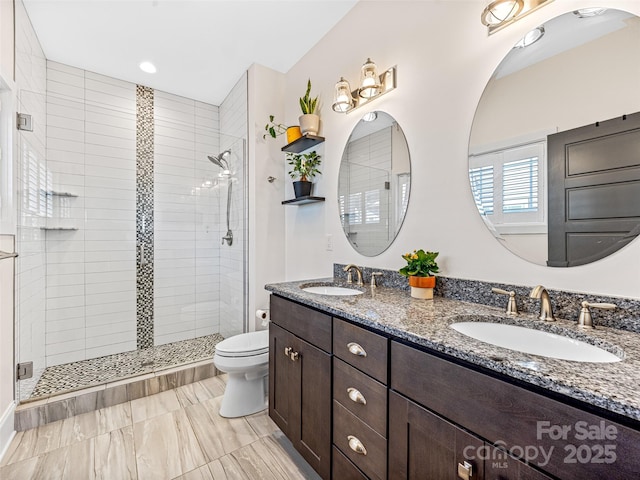 bathroom with an enclosed shower, vanity, and toilet