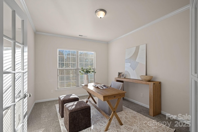 office area featuring ornamental molding and carpet flooring