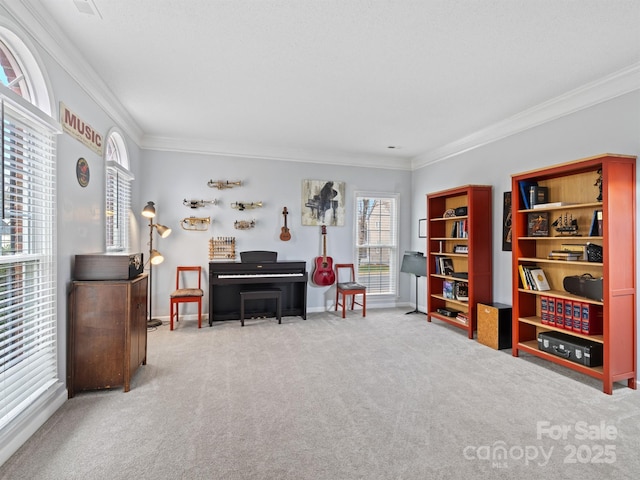 sitting room featuring ornamental molding and carpet flooring