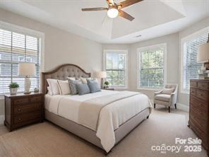 bedroom featuring ceiling fan and a raised ceiling