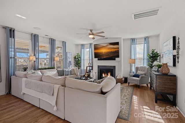 living room featuring ceiling fan and hardwood / wood-style floors