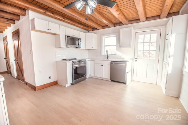 kitchen with beamed ceiling, stainless steel appliances, white cabinetry, and wooden ceiling