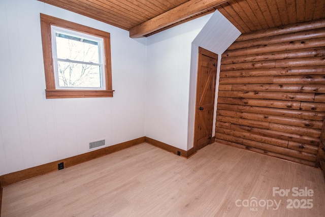 bonus room featuring wood ceiling, light wood-type flooring, beamed ceiling, and log walls