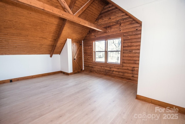 bonus room with wooden walls, light wood-type flooring, wood ceiling, and log walls