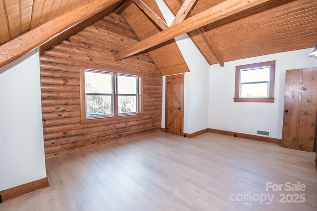 bonus room with a healthy amount of sunlight, wood ceiling, and log walls