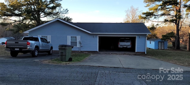 single story home featuring a storage unit