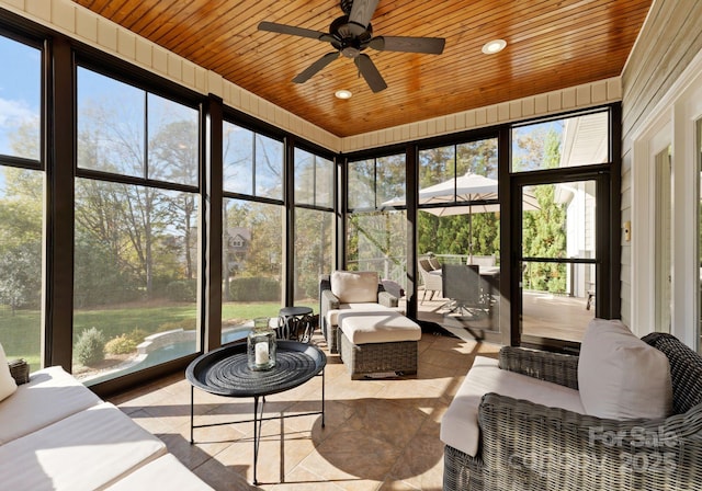 sunroom / solarium with ceiling fan and wood ceiling