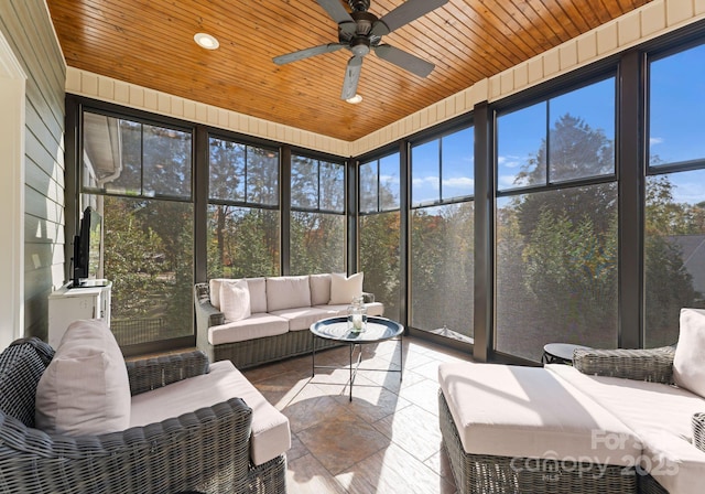 sunroom featuring wood ceiling and ceiling fan