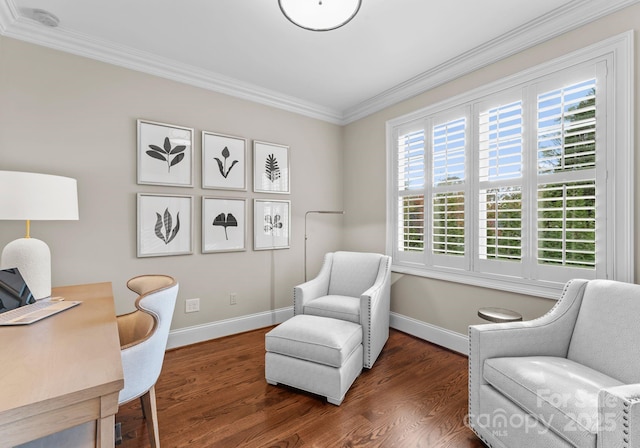 home office with ornamental molding and dark wood-type flooring