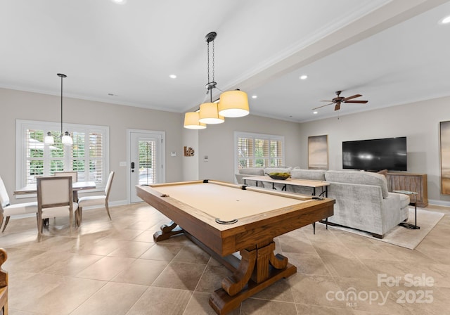 recreation room with light tile patterned floors, crown molding, billiards, and ceiling fan