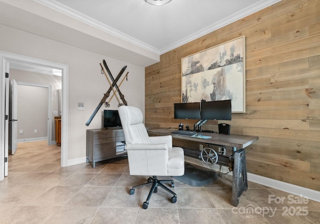 home office featuring ornamental molding, light tile patterned floors, and wood walls