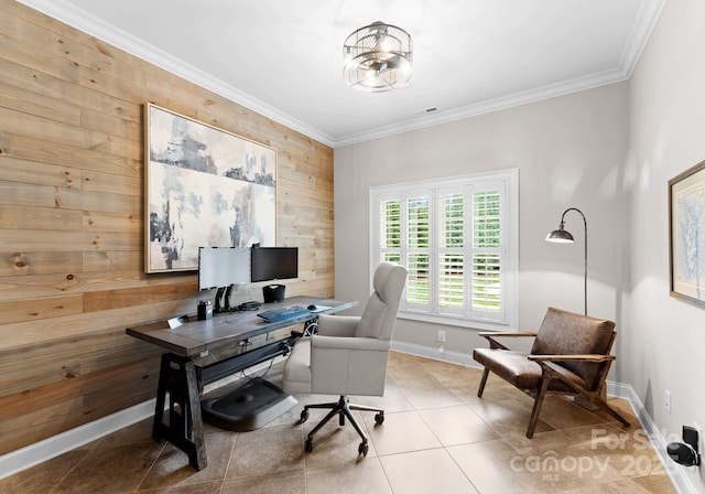 tiled home office with an inviting chandelier, ornamental molding, and wooden walls