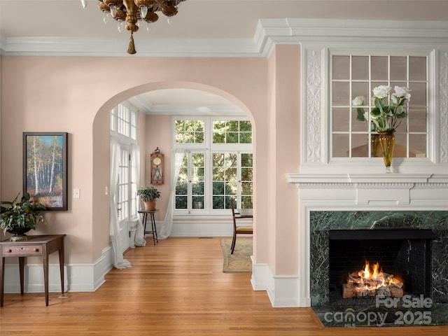 doorway with light hardwood / wood-style flooring, ornamental molding, and a premium fireplace