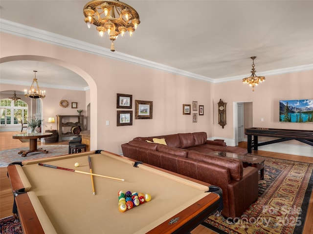 game room with crown molding and pool table