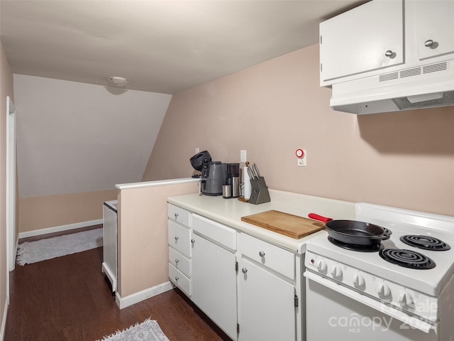 kitchen with white range with electric stovetop, dark hardwood / wood-style flooring, white cabinets, and vaulted ceiling