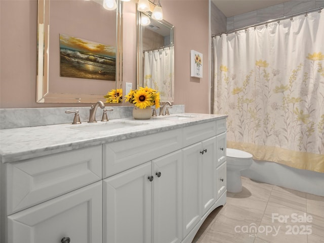 full bathroom featuring tile patterned flooring, vanity, toilet, and shower / bathtub combination with curtain