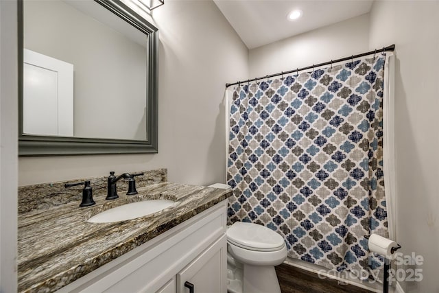 bathroom featuring vanity, toilet, and wood-type flooring