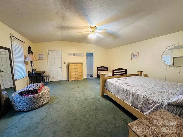 bedroom featuring ceiling fan, dark carpet, a textured ceiling, and vaulted ceiling