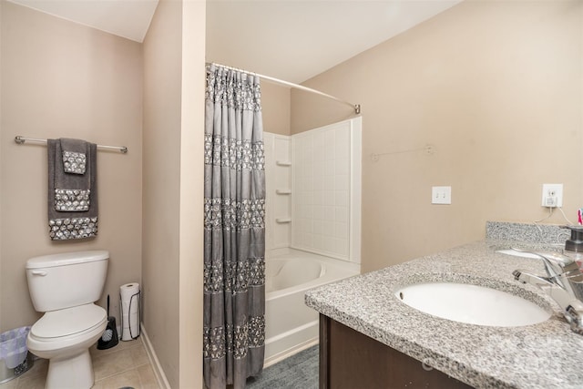 full bathroom with tile patterned flooring, shower / tub combo with curtain, vanity, and toilet