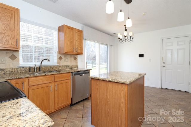 kitchen featuring backsplash, dishwasher, a kitchen island, and hanging light fixtures