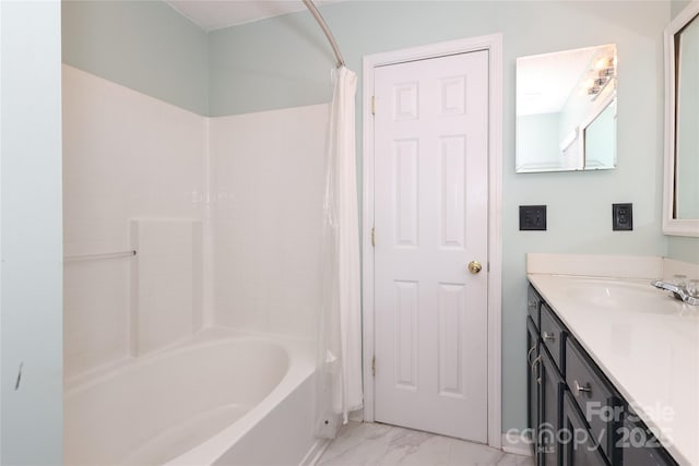 bathroom with shower / tub combo with curtain and vanity