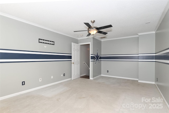 unfurnished bedroom featuring a textured ceiling, ceiling fan, crown molding, and light carpet