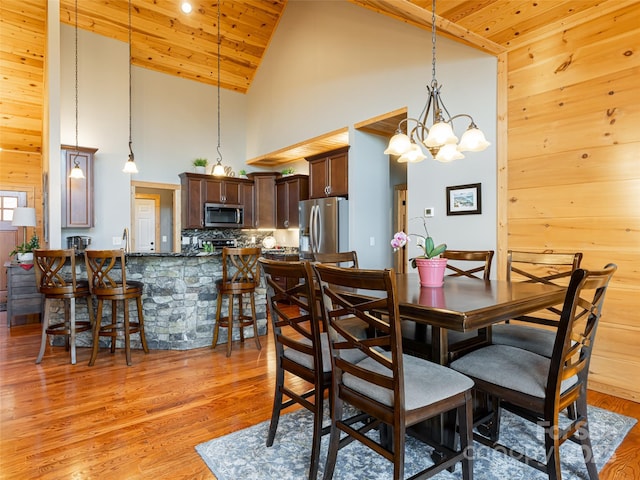 dining space with an inviting chandelier, light hardwood / wood-style flooring, high vaulted ceiling, wood walls, and wood ceiling