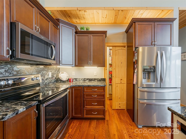 kitchen with appliances with stainless steel finishes, dark stone counters, dark wood-type flooring, and wood ceiling